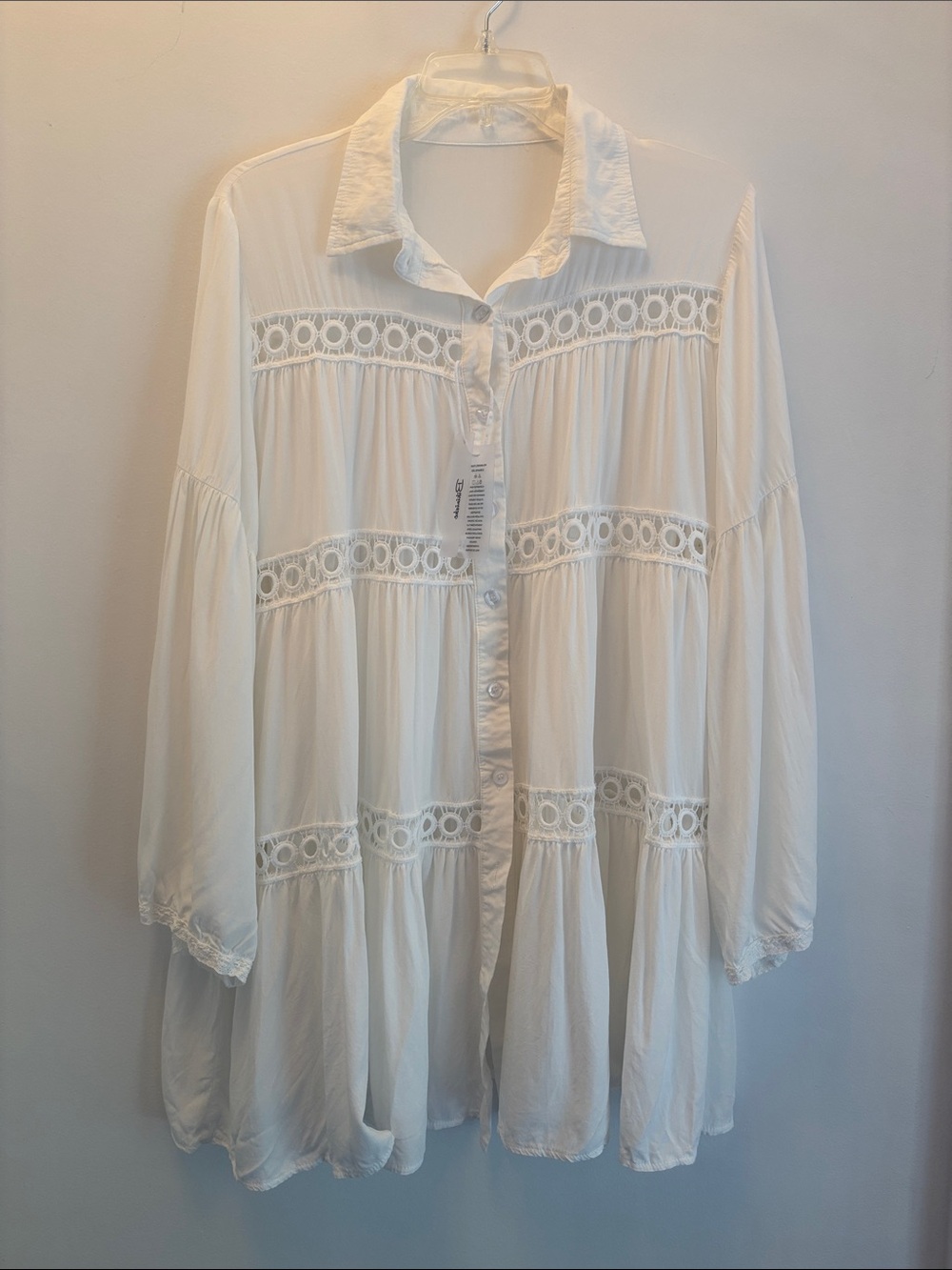 White Lace-Trim Button-Front Peasant Blouse Sz L